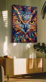 Vibrant Gaze of the Nocturnal birds canvas print in a hung canvas mockup