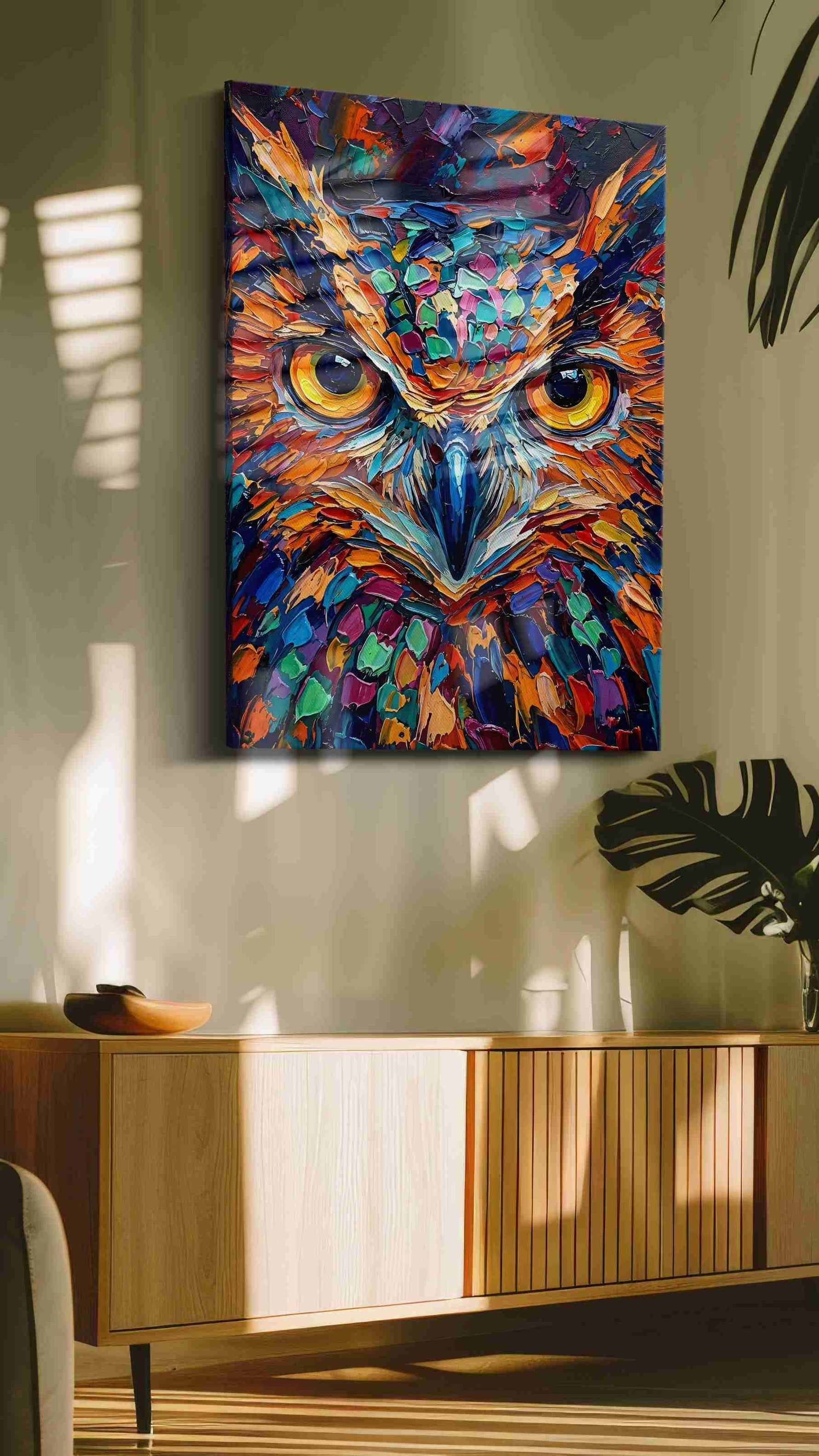 Vibrant Gaze of the Nocturnal birds canvas print in a hung canvas mockup