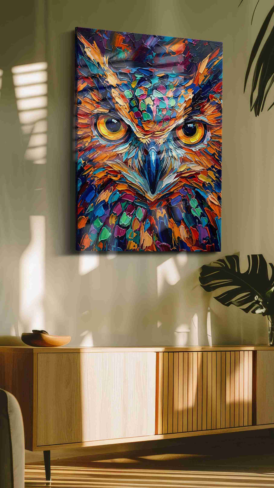 Vibrant Gaze of the Nocturnal birds canvas print in a hung canvas mockup