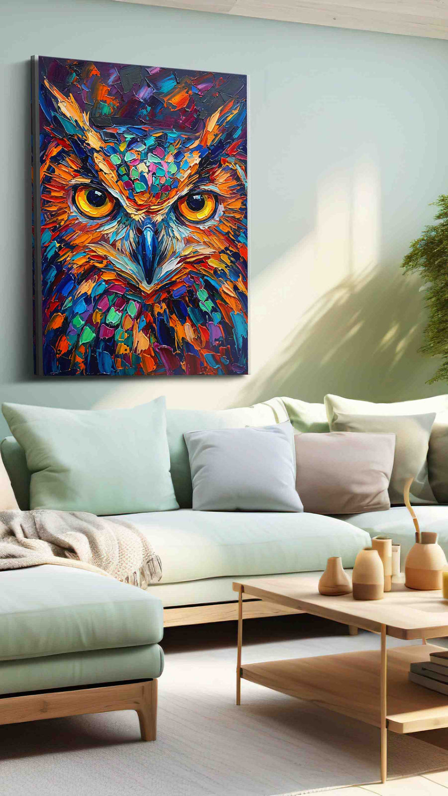 Vibrant Gaze of the Nocturnal birds canvas print shown in a wall scene