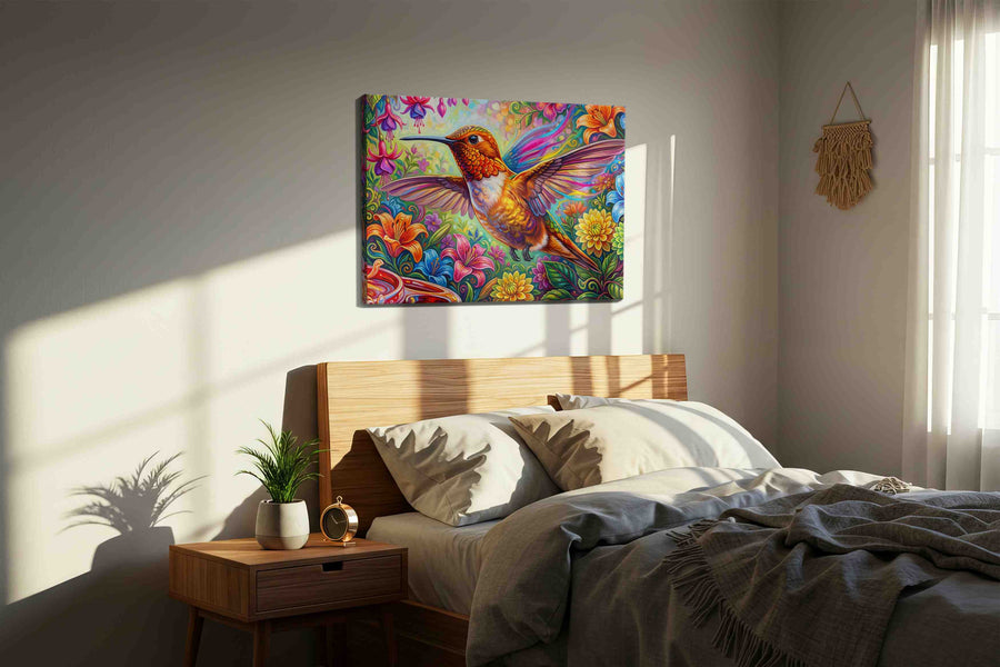 Whispers of Radiant Flight birds canvas print, displayed in a bedroom