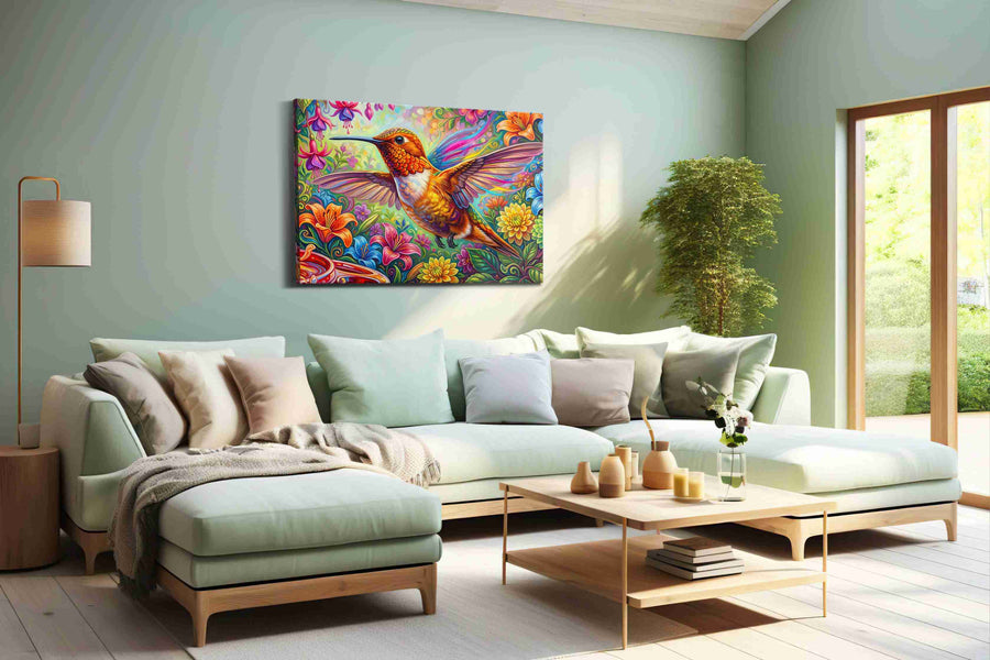 Whispers of Radiant Flight birds canvas print shown in a wall scene