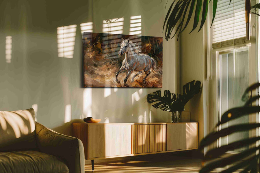 Ethereal Gallop in Autumn Winds horses canvas print styled in a living room
