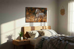 Ethereal Gallop in Autumn Winds horses canvas print, displayed in a bedroom