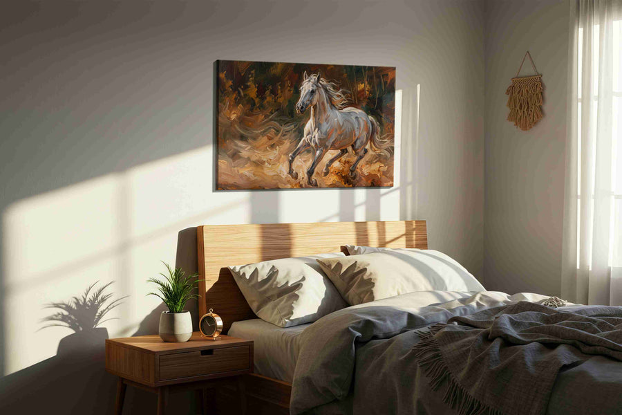 Ethereal Gallop in Autumn Winds horses canvas print, displayed in a bedroom