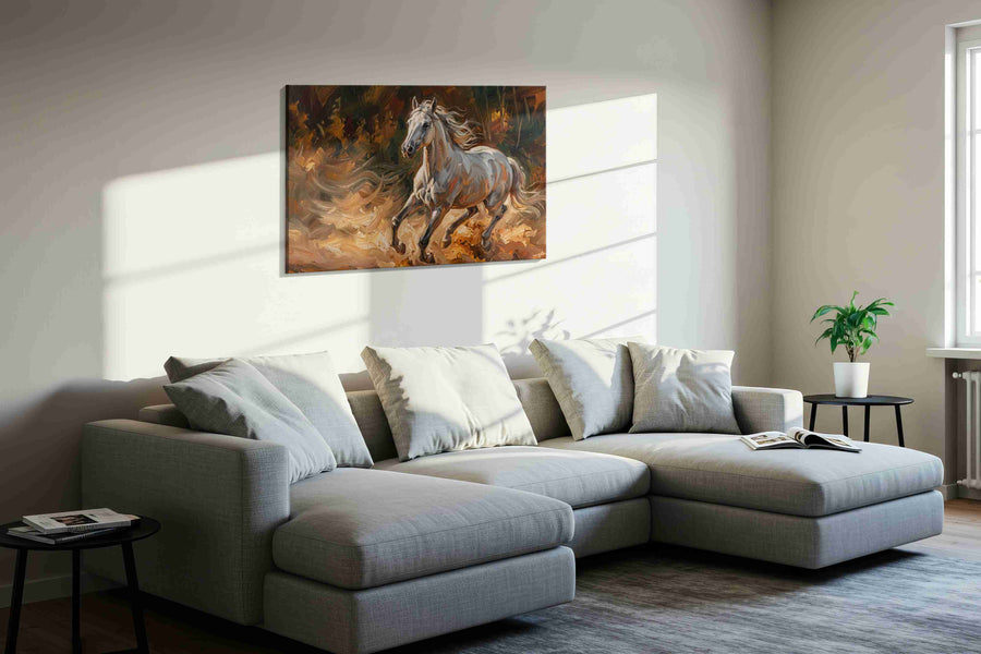 Ethereal Gallop in Autumn Winds horses canvas print, displayed in a living room