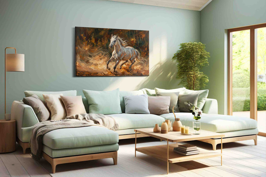 Ethereal Gallop in Autumn Winds horses canvas print, hanging on wall