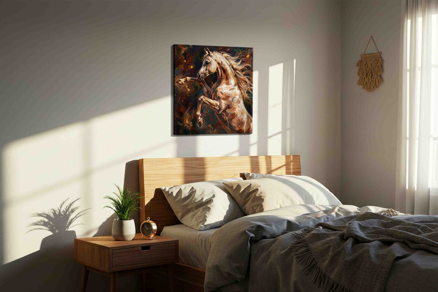 Ethereal Stallion Symphony horses canvas print, displayed in a bedroom