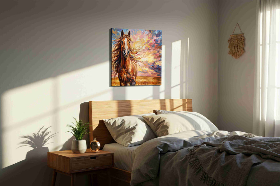 Gallop of the Painted Sky horses canvas print, displayed in a bedroom