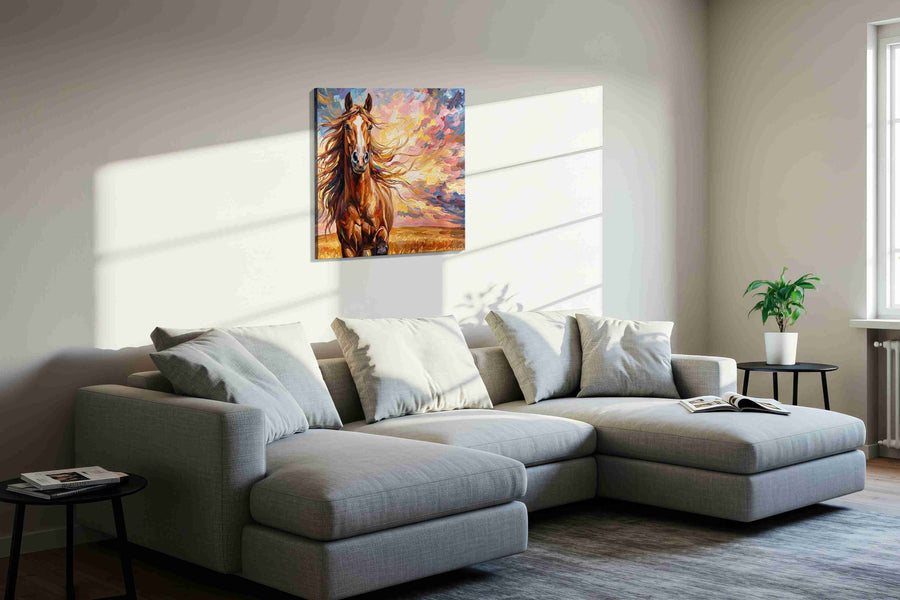 Gallop of the Painted Sky horses canvas print, displayed in a living room