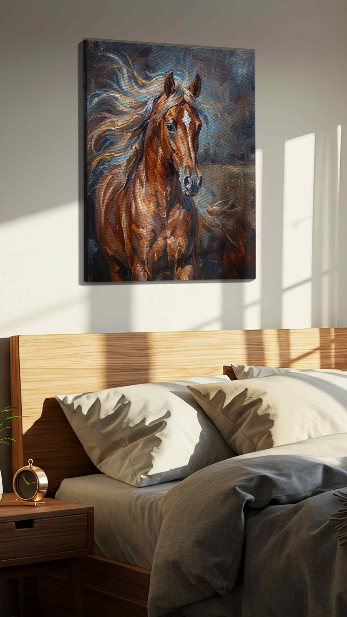 Storm's Ethereal Gallop horses canvas print, displayed in a bedroom
