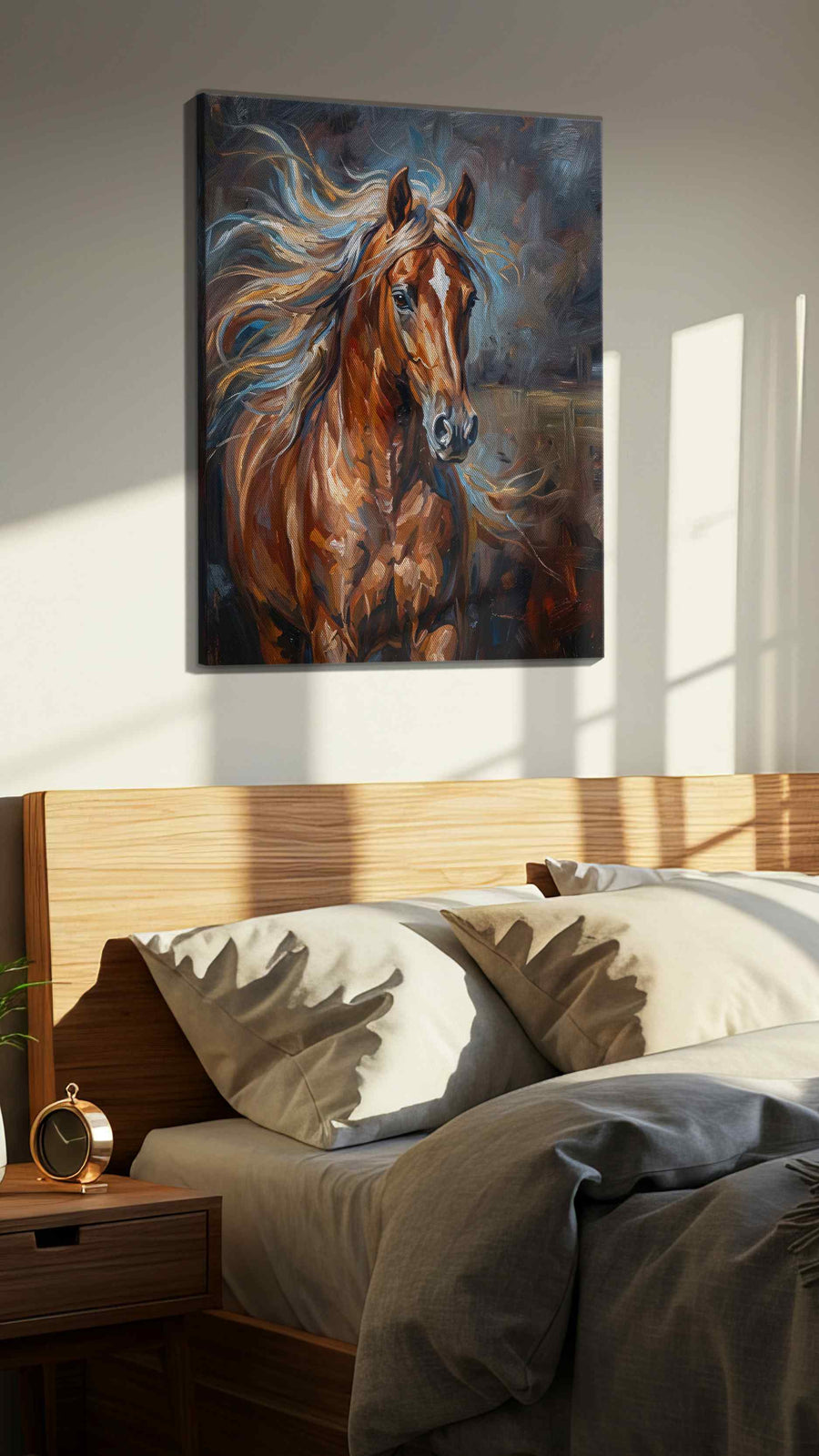 Storm's Ethereal Gallop horses canvas print, displayed in a bedroom