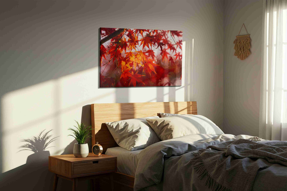 Crimson Whispers in the Breeze leaves canvas print, displayed in a bedroom