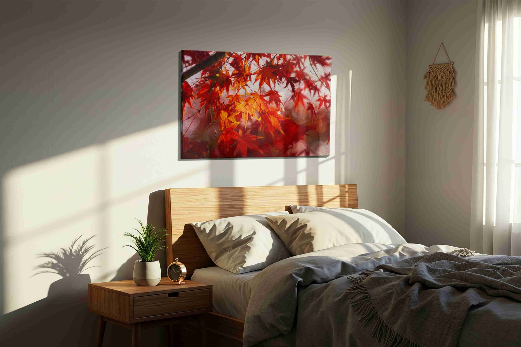 Crimson Whispers in the Breeze leaves canvas print, displayed in a bedroom