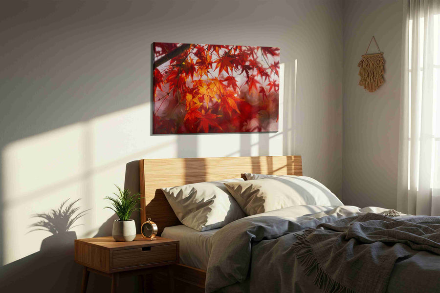 Crimson Whispers in the Breeze leaves canvas print, displayed in a bedroom