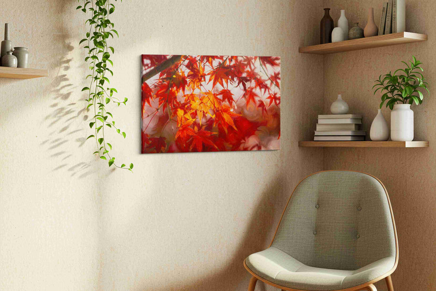 Crimson Whispers in the Breeze leaves canvas print, hanging on wall — view 2