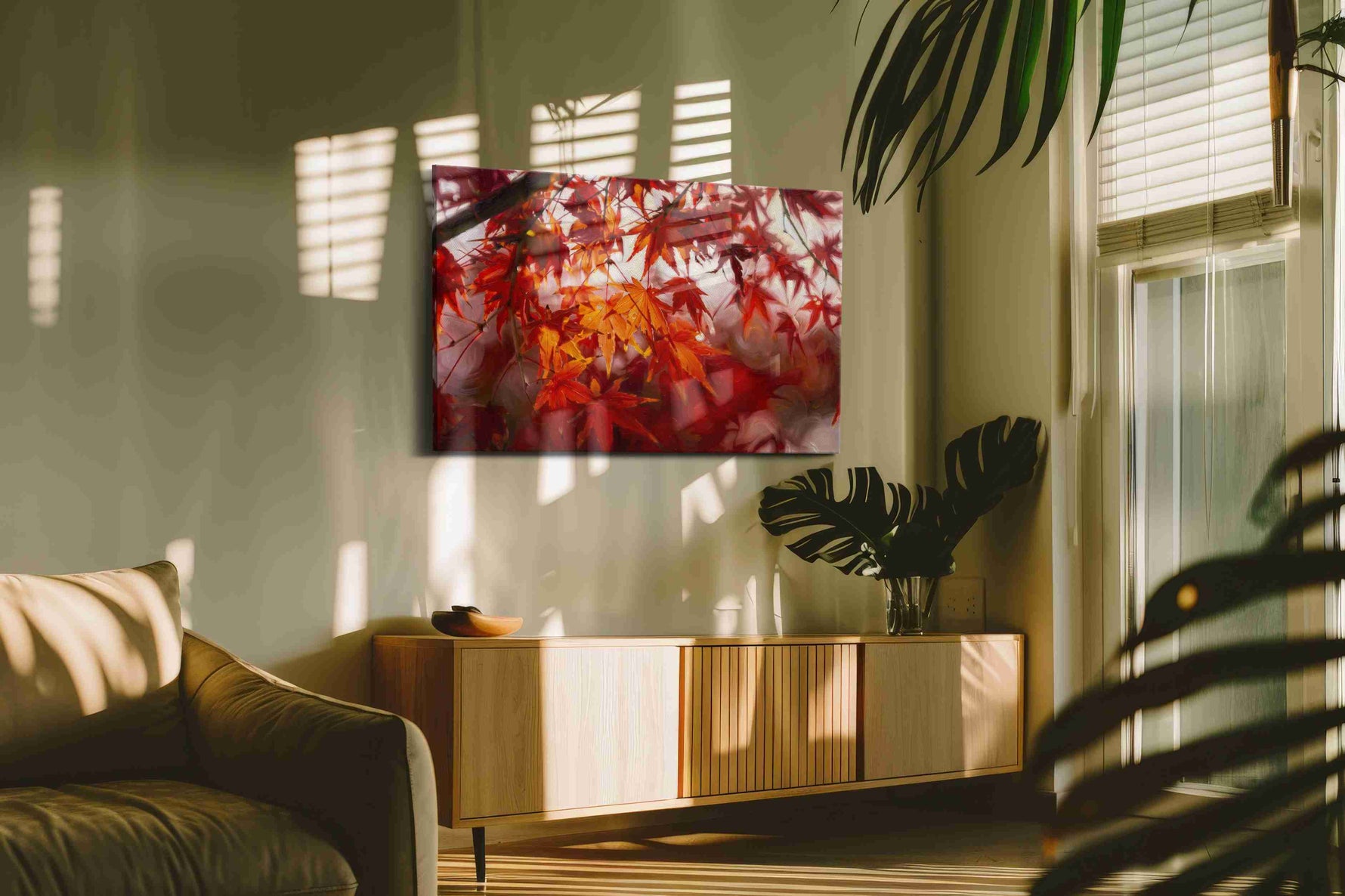 Crimson Whispers in the Breeze leaves canvas print in a hung canvas mockup