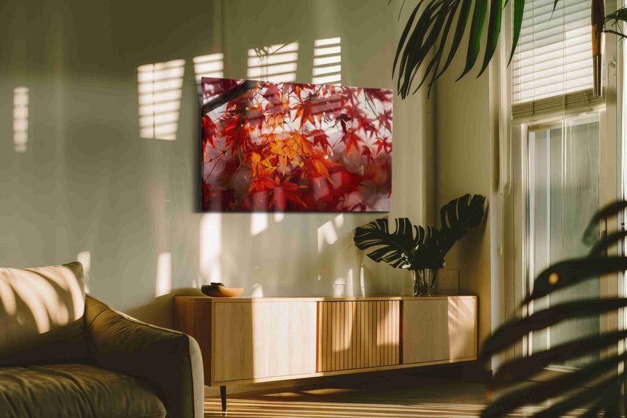 Crimson Whispers in the Breeze leaves canvas print in a hung canvas mockup