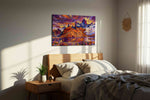 Eternal Dusk Over Alpine Dreams mountain canvas print, displayed in a bedroom