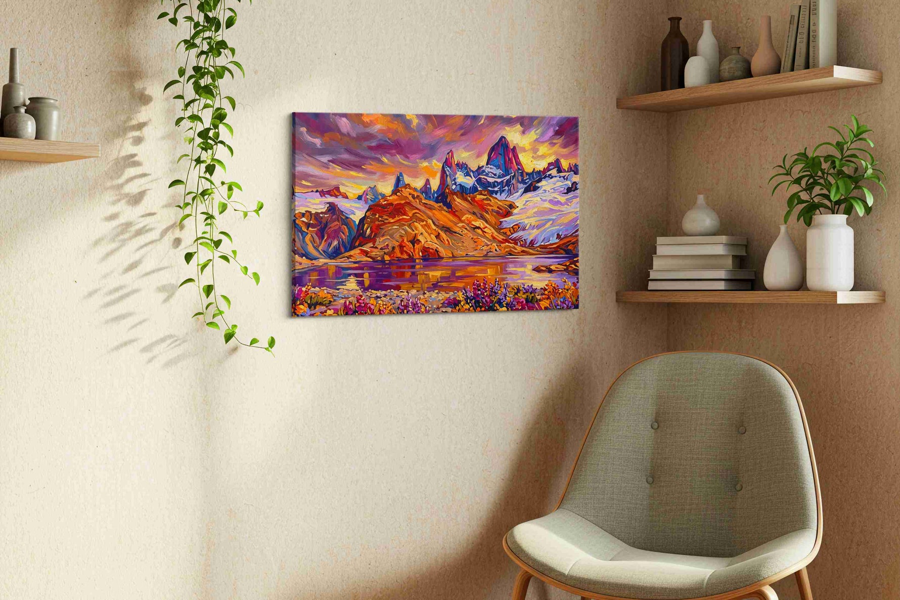 Eternal Dusk Over Alpine Dreams mountain canvas print, hanging on wall — view 2