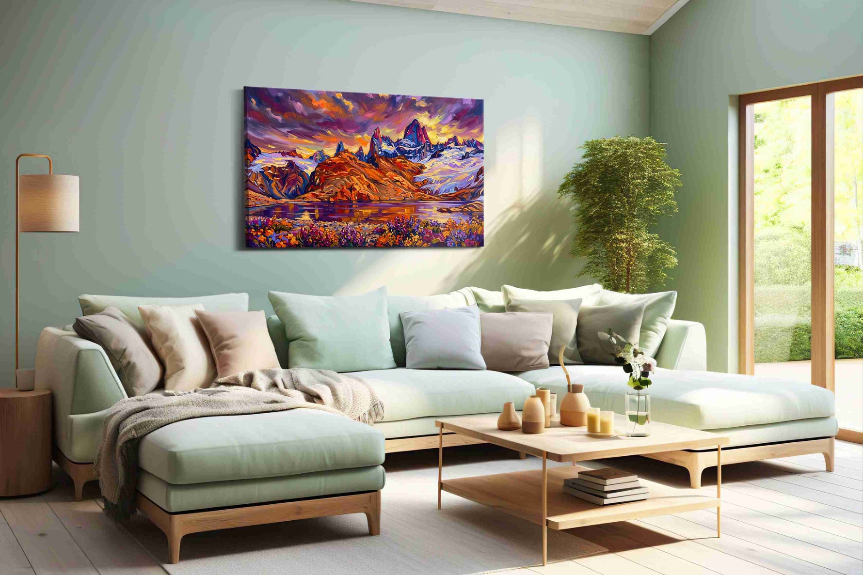 Eternal Dusk Over Alpine Dreams mountain canvas print shown in a wall scene