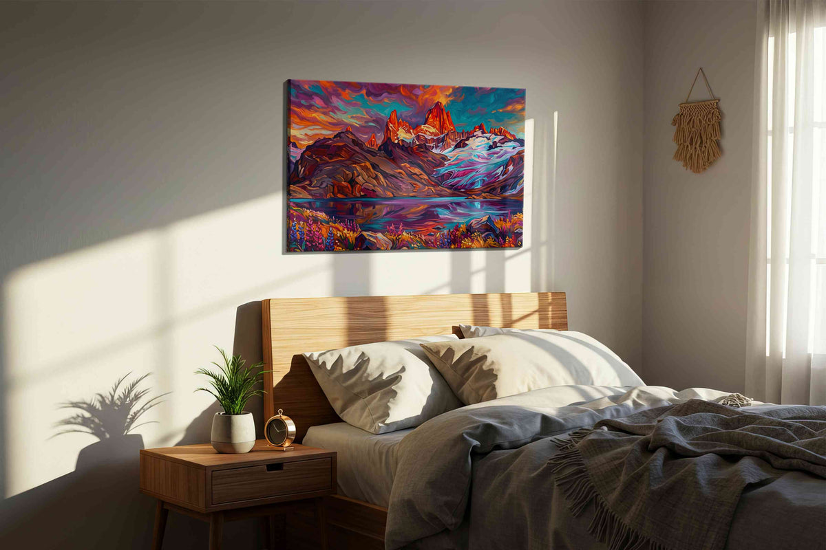 Ethereal Peaks of Dawn mountain canvas print, displayed in a bedroom