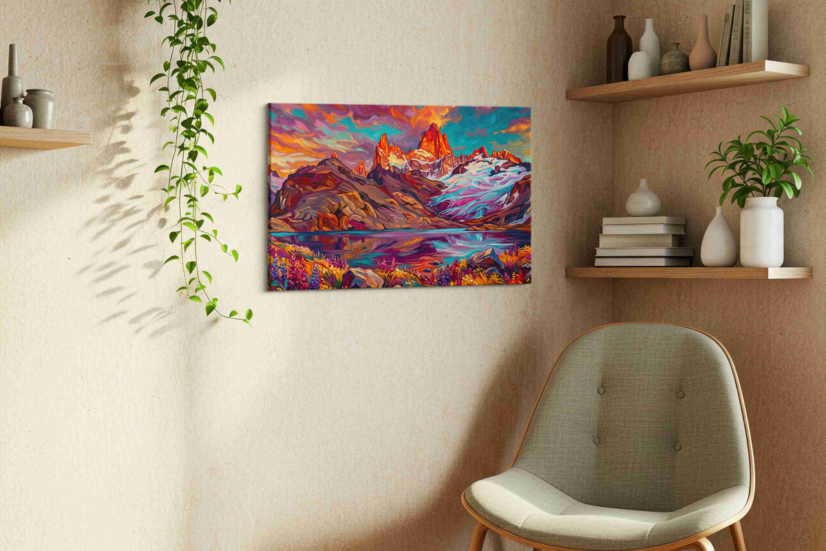 Ethereal Peaks of Dawn mountain canvas print styled in a living room