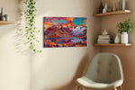 Ethereal Peaks of Dawn mountain canvas print styled in a living room