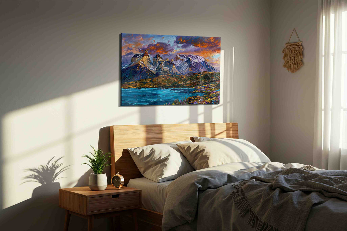 Luminescent Peaks of Tranquility mountain canvas print, displayed in a bedroom