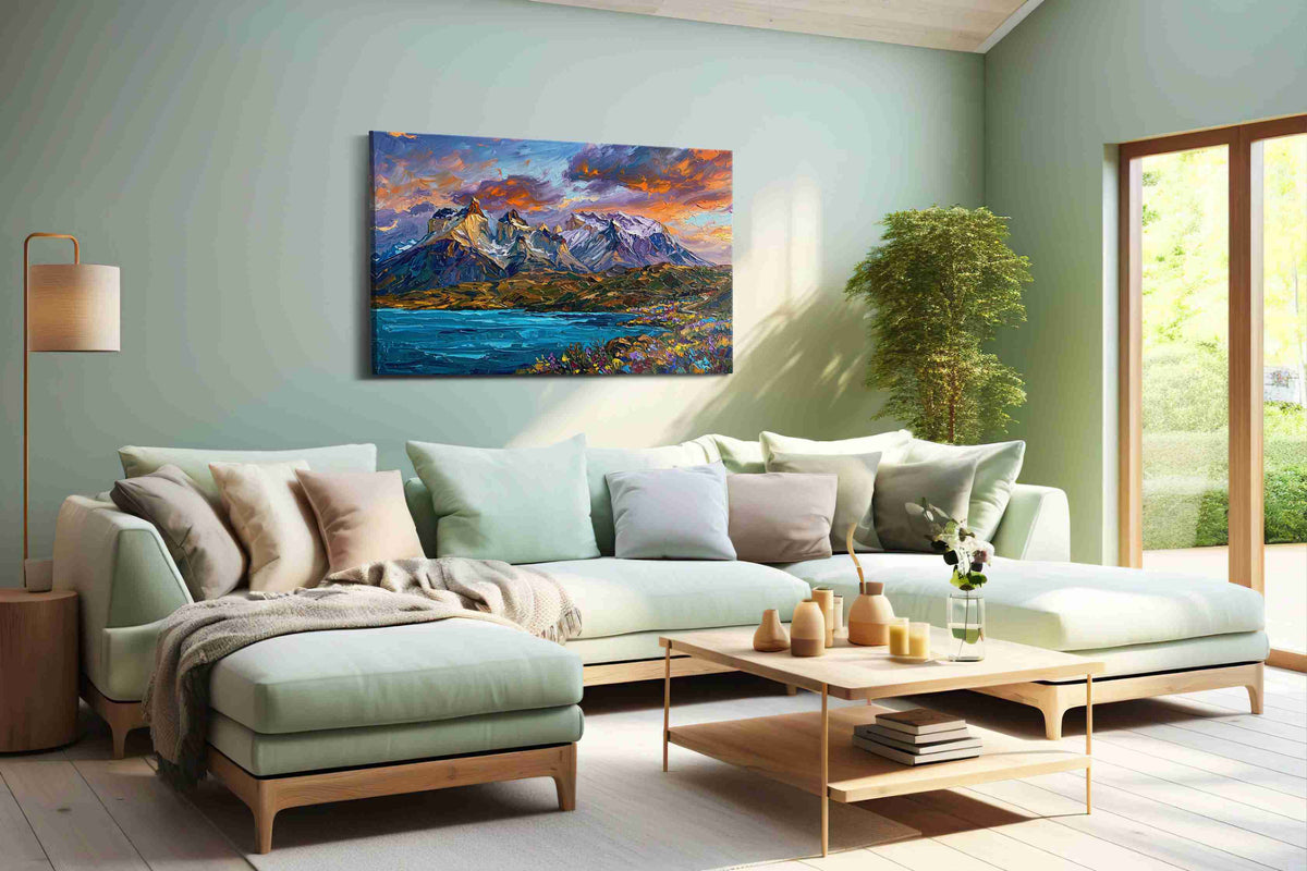 Luminescent Peaks of Tranquility mountain canvas print shown in a wall scene