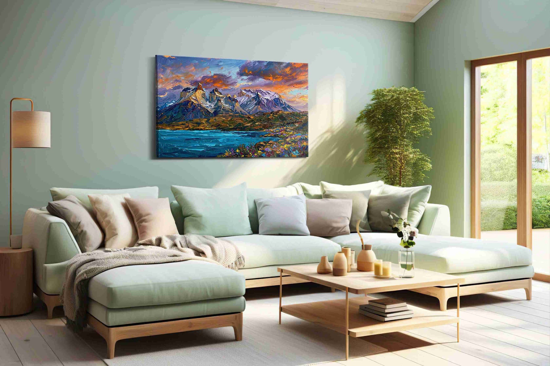Luminescent Peaks of Tranquility mountain canvas print shown in a wall scene