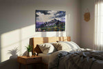 Luminous Peaks of Serenity mountain canvas print, displayed in a bedroom