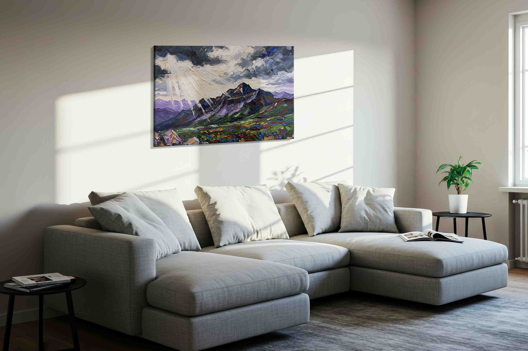 Luminous Peaks of Serenity mountain canvas print, displayed in a living room