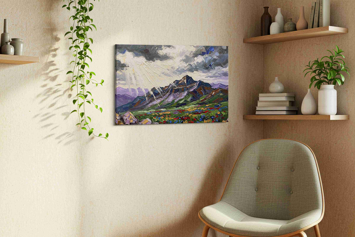 Luminous Peaks of Serenity mountain canvas print styled in a living room