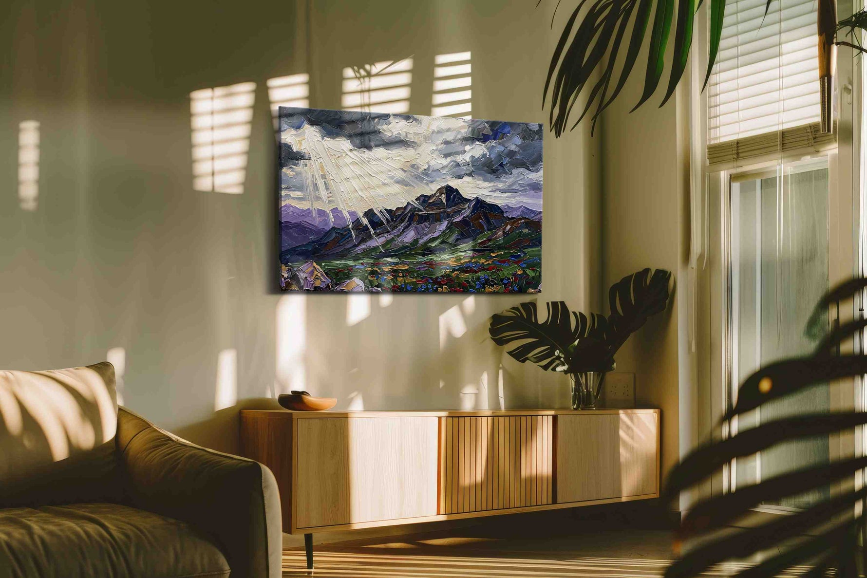 Luminous Peaks of Serenity mountain canvas print in a hung canvas mockup