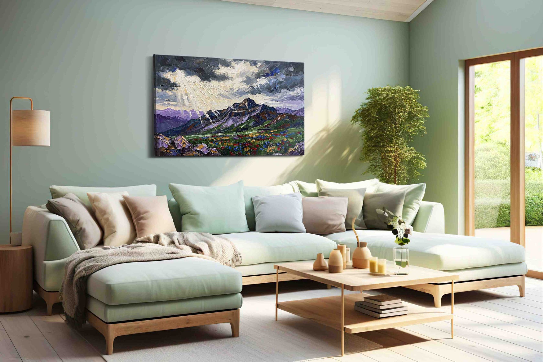 Luminous Peaks of Serenity mountain canvas print, hanging on wall