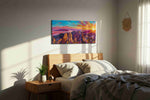 Radiance Over Majestic Peaks mountain canvas print, displayed in a bedroom