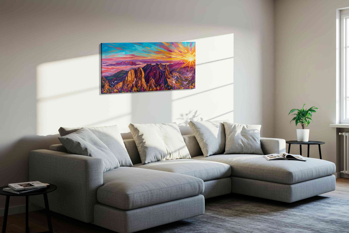 Radiance Over Majestic Peaks mountain canvas print, displayed in a living room