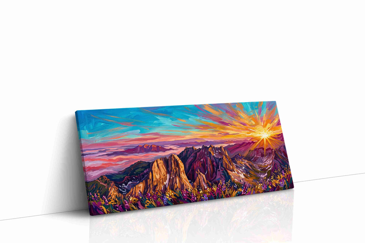 Radiance Over Majestic Peaks mountain canvas print gallery-wrapped landscape canvas studio shot
