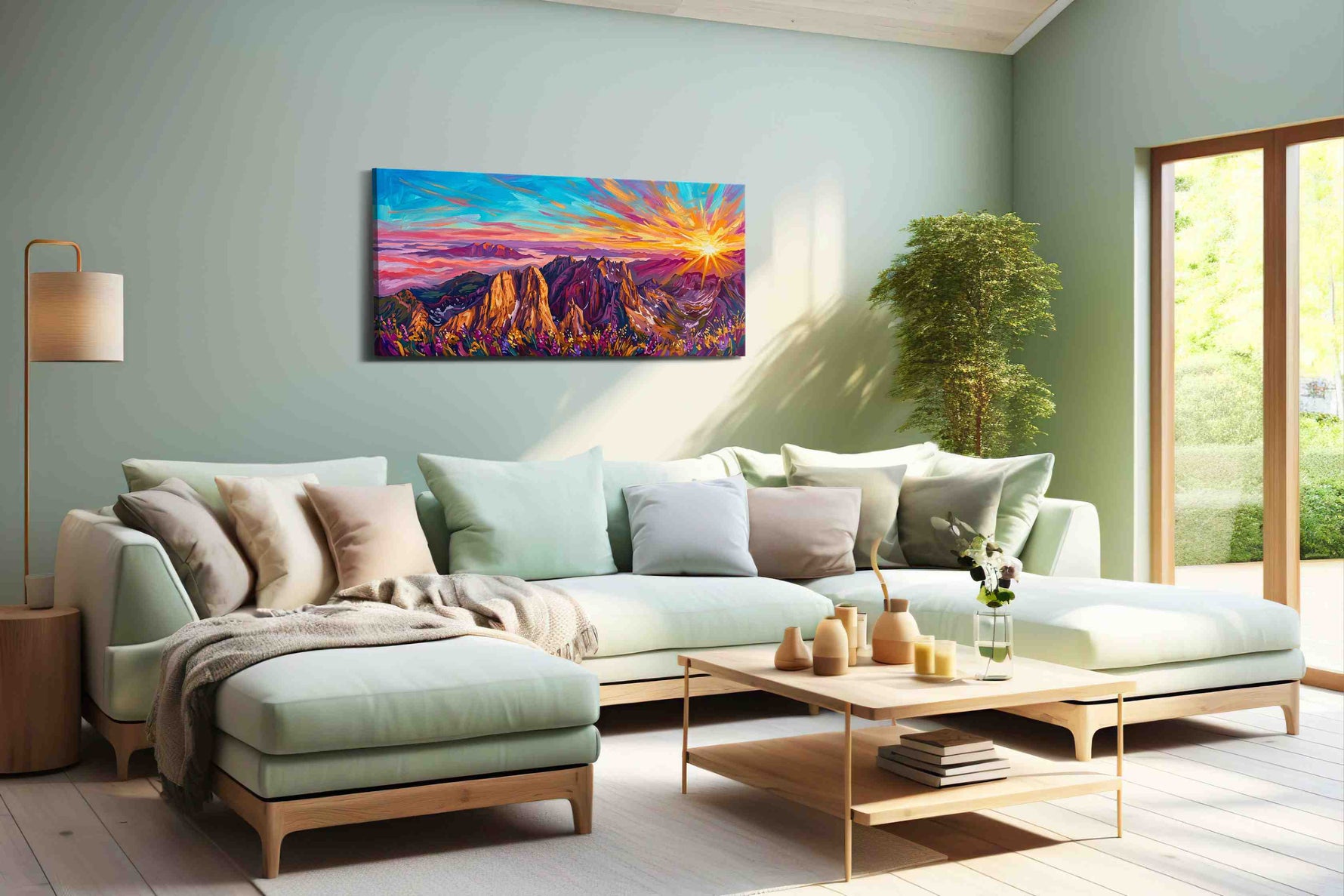 Radiance Over Majestic Peaks mountain canvas print shown in a wall scene