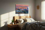 Whisper of Alpine Dawn mountain canvas print, displayed in a bedroom