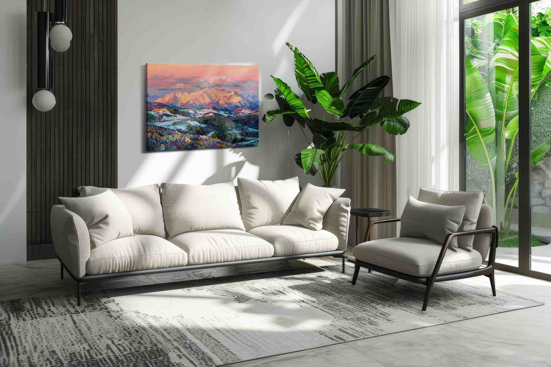 Whisper of Alpine Dawn mountain canvas print in a modern interior mockup