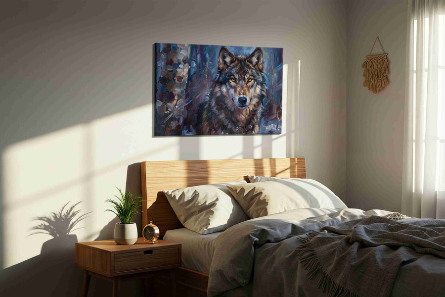Ethereal Guardian of Winter wolf canvas print, displayed in a bedroom