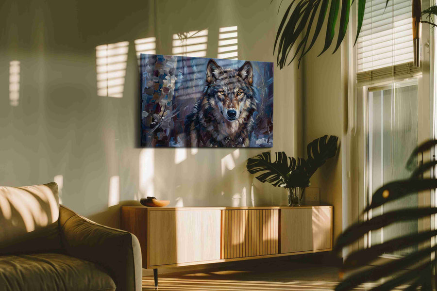 Ethereal Guardian of Winter wolf canvas print, hanging on wall