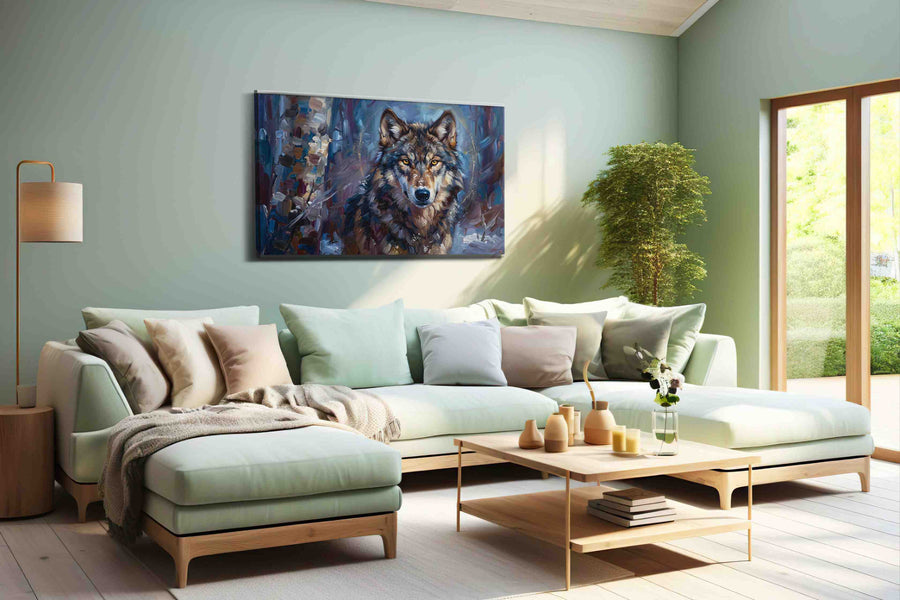 Ethereal Guardian of Winter wolf canvas print shown in a wall scene