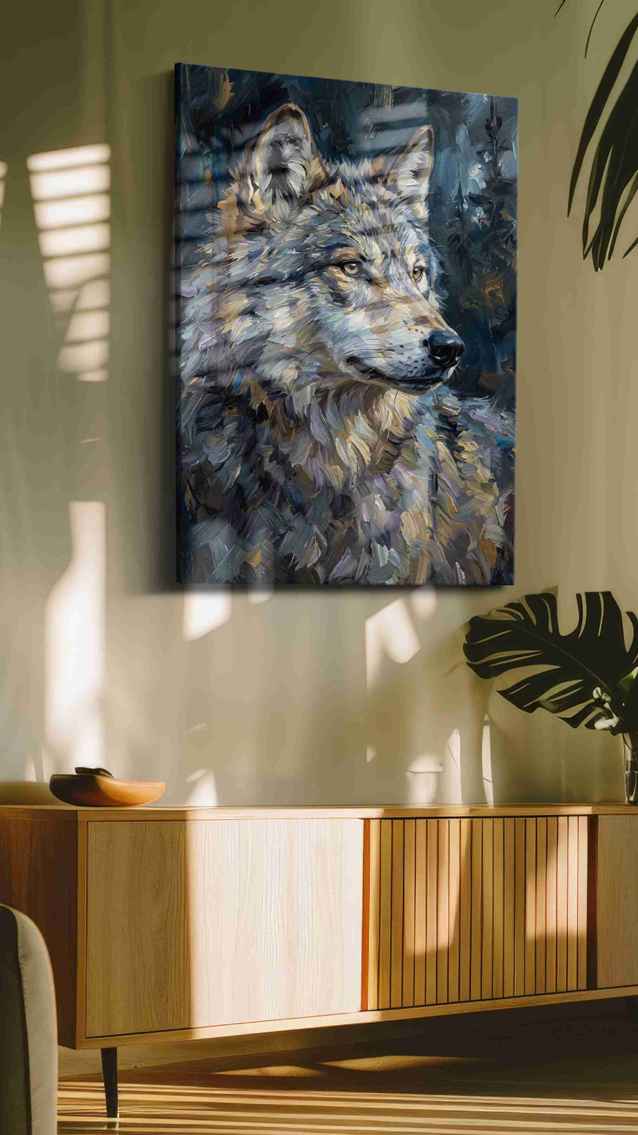 Lunar Majesty The Silent Sentinel wolf canvas print, displayed in a living room