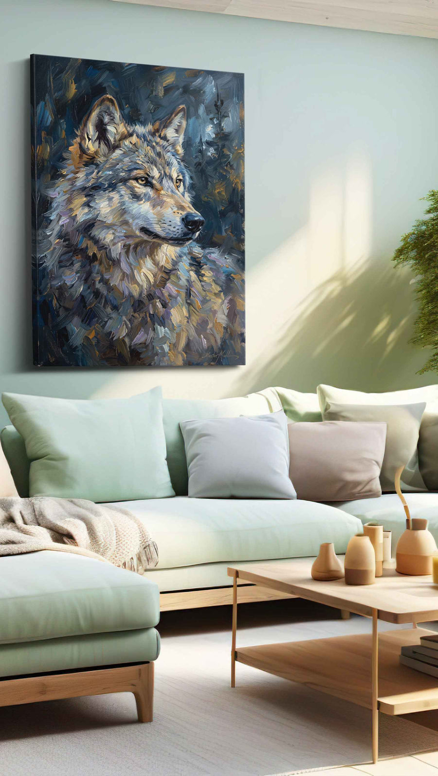 Lunar Majesty The Silent Sentinel wolf canvas print, hanging on wall