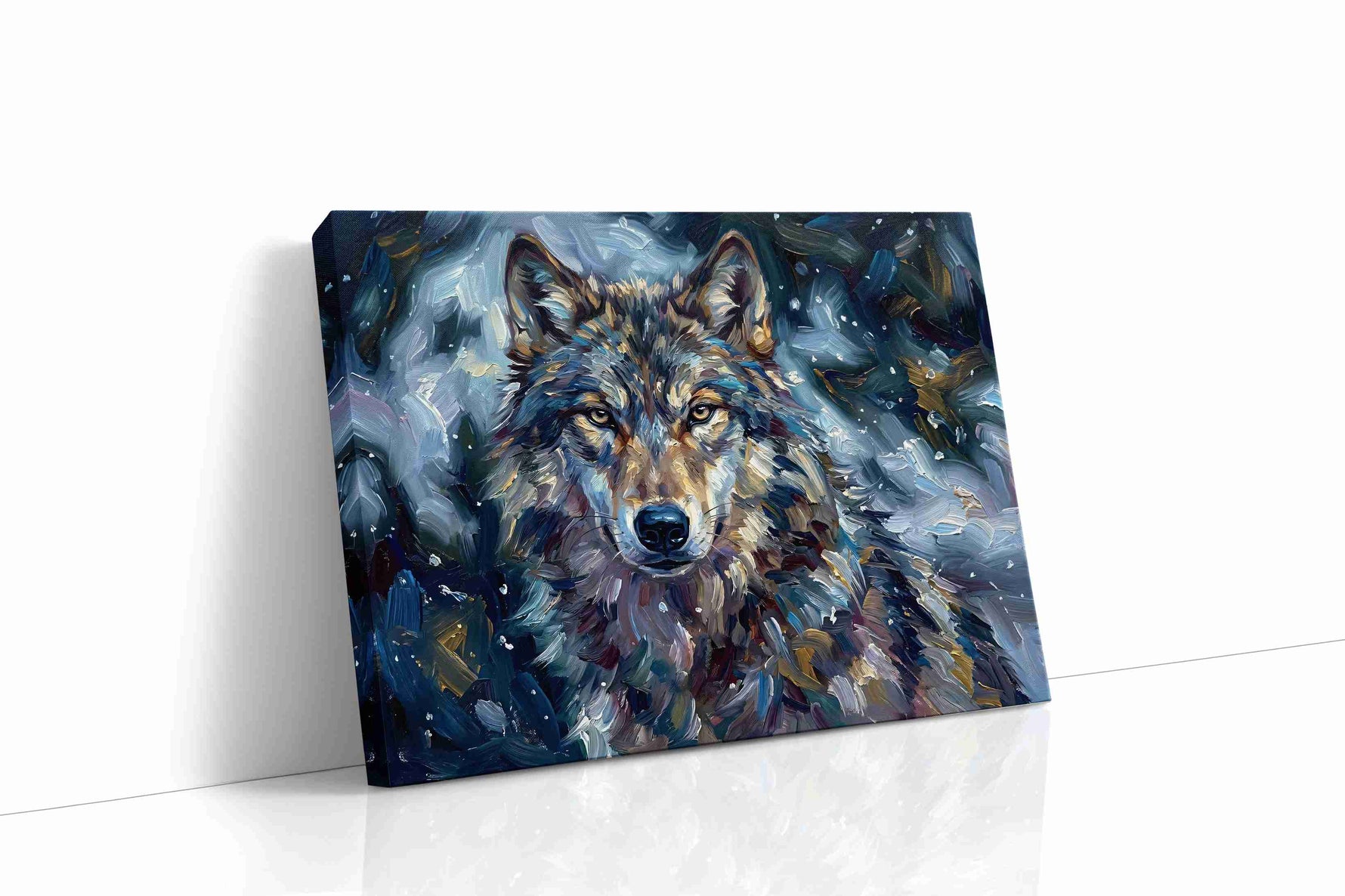 Lupine Reverie in Moonlit Brushstrokes wolf canvas print gallery-wrapped landscape canvas studio shot