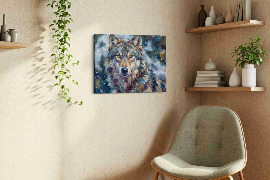 Lupine Reverie in Moonlit Brushstrokes wolf canvas print, displayed in a living room