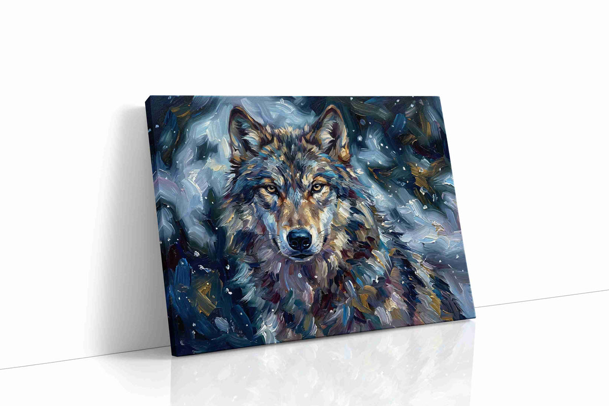 Lupine Reverie in Moonlit Brushstrokes wolf canvas print, gallery-wrapped, ready to hang